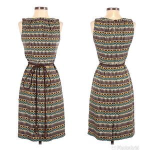 MILLY Silk Sheath Dress Sleeveless Geometric Print Tie‎ Belt Cream Brown Size 4